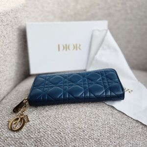 Dior Blue Quilted Leather Zip Key Pouch with Gold Charm